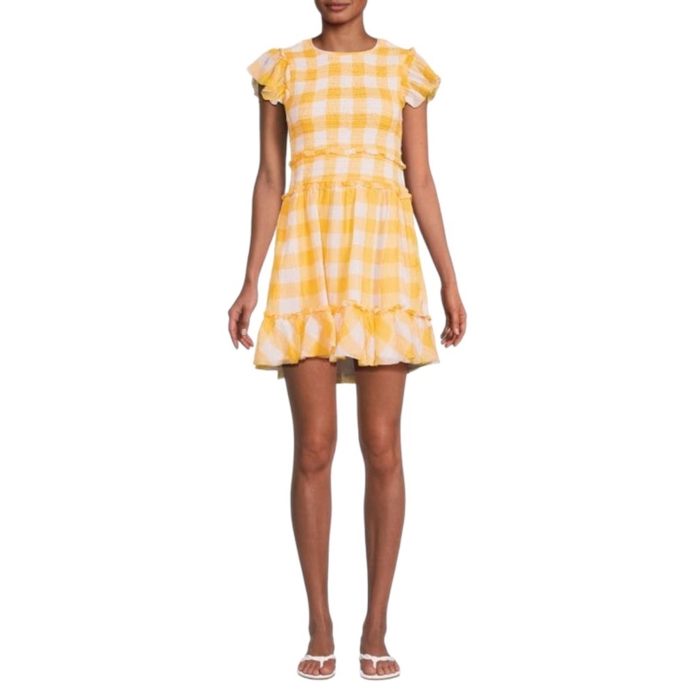 Saylor Saya Checkered Smocked Mini Dress size Medium Yellow & White Lined - Picture 1 of 11